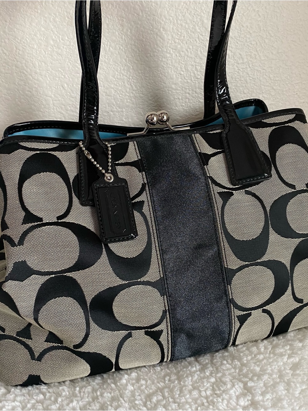 Vintage Y2K Coach Signature Stripe Kisslock Carryall Satchel